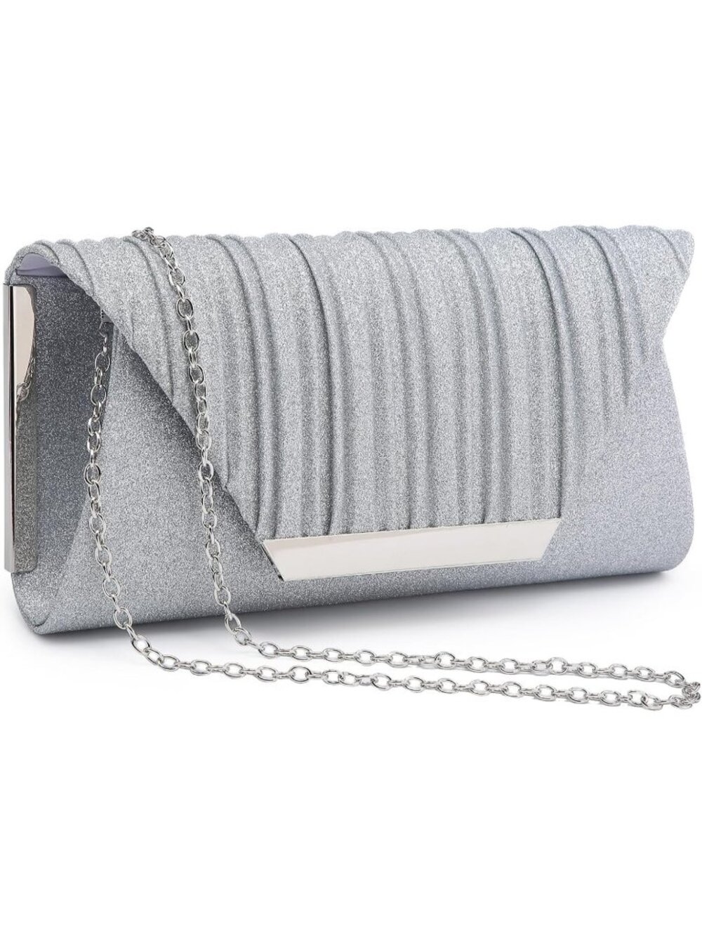 Women Glitter Silver Clutch With Detachable Chain Wedding Formal Evening Bag